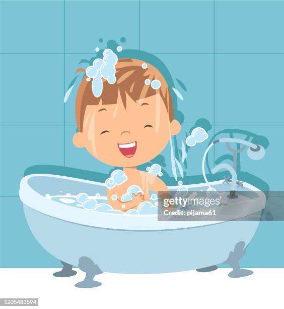 boy in the bathtub - shampoo bar soap stock illustrations