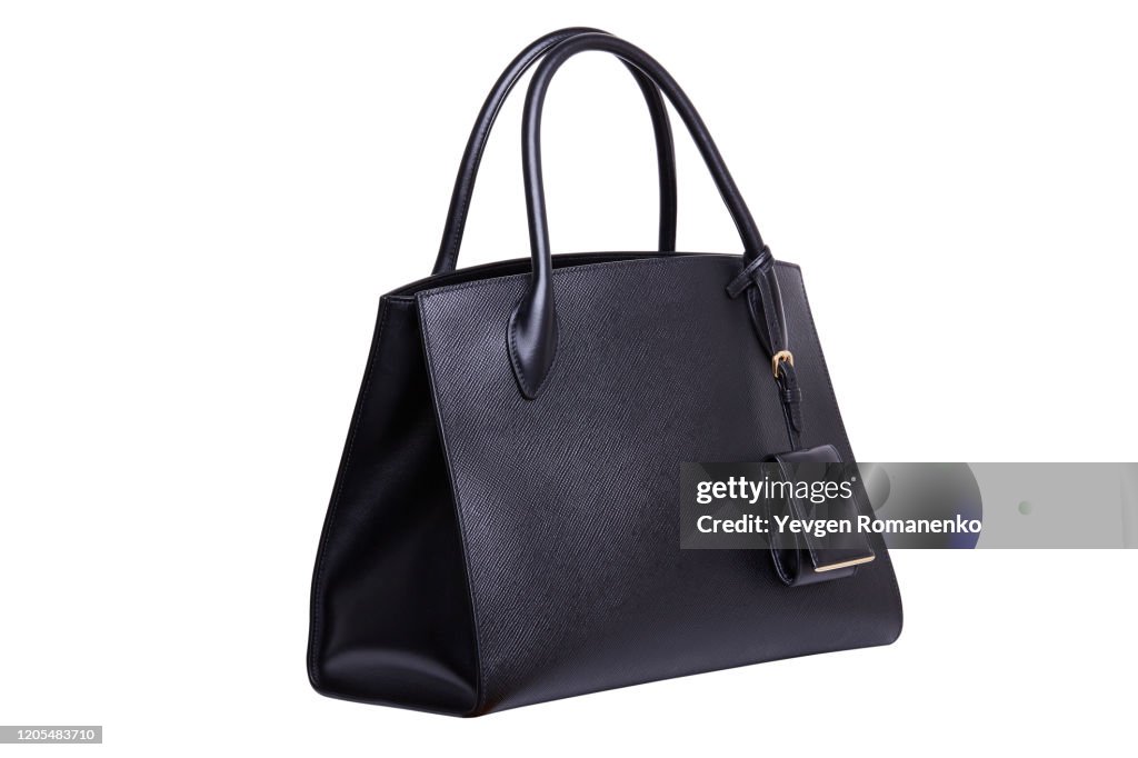 Black leather Women's handbag on white background
