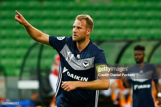 Ola Toivonen of the Victory celebrates after kicking a penalty goal during the AFC Champions League Group E match between Melbourne Victory and...