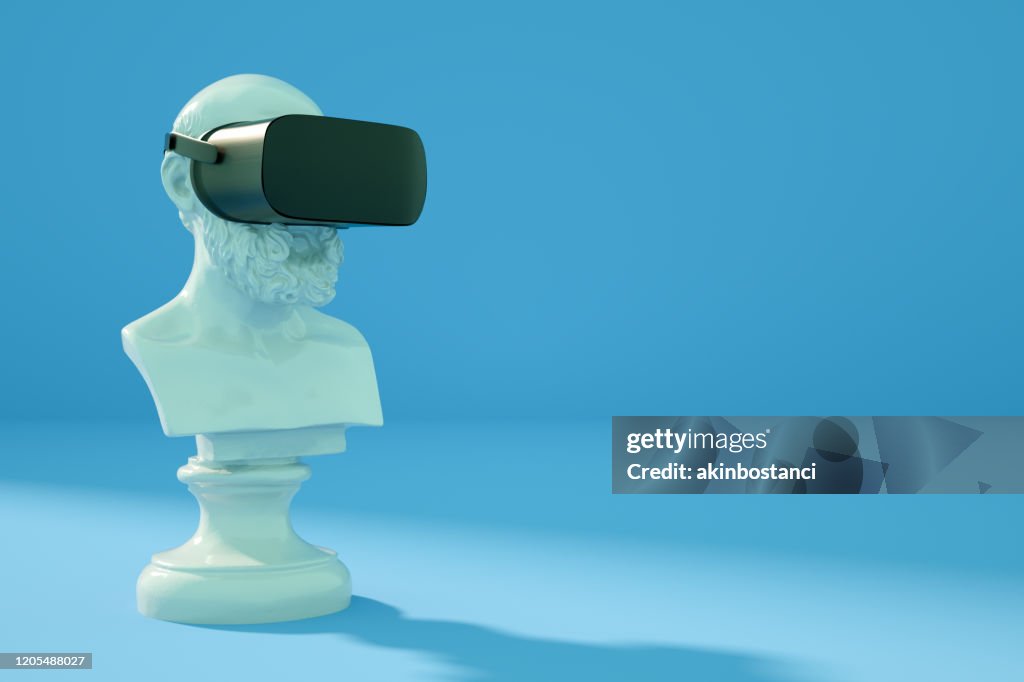 Scultura con visore per occhiali VR su sfondo blu