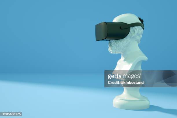 sculpture with vr glasses headset on blue background - bust museum imagens e fotografias de stock
