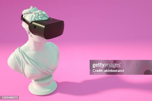 sculpture with vr glasses headset on pink background - bust museum imagens e fotografias de stock