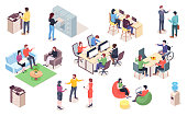 Set of vector office elements with people. Isometric coworking or open space elements for infographic or business icon for meeting. Man and woman work at workplace, reception. Interior design