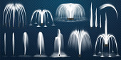 Realistic set of vector fountains. Water jets and white stream of 3d fountain on transparent background. Park or garden aqua decoration, summer cascading liquid splash and spray. Geometric curve