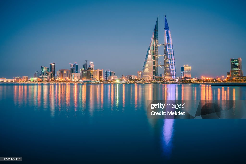 The Skyline of Illuminated Manama City Waterfront at Night, Manama City, Bahrain