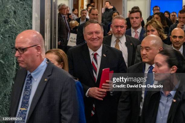 Secretary of State Mike Pompeo departs from the United Nations Headquarters on March 6, 2020 in New York City. The Secretary of State in a interview...