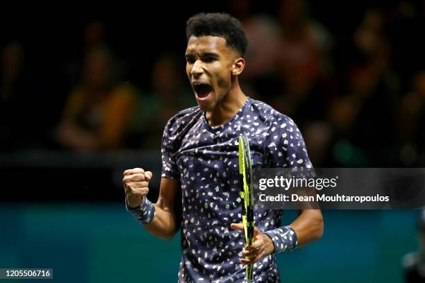 Felix Auger Aliassime of Canada celebrates a point against Jan-Lennard Struff of Germany during Day 4 of the ABN AMRO World Tennis Tournament at...