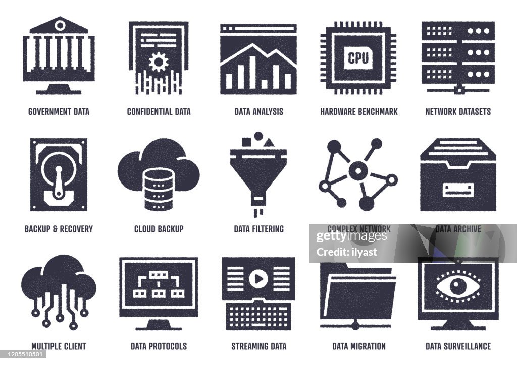 Paquete de iconos vectoriales de calidad de análisis de datos con efecto de textura esplor