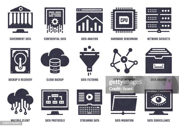 data analytics quality vector icon pack with stipple texture effect - nsa stock illustrations