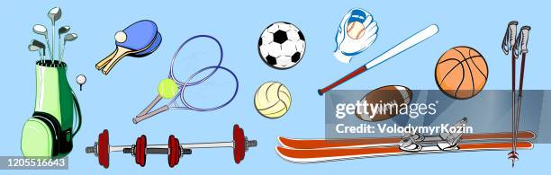 horizontal image items of sports equipment from different sports - sports bat stock illustrations