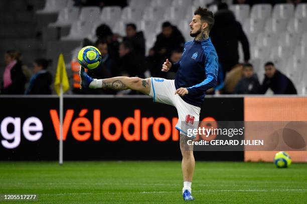 Marseille's Argentine forward Dario Benedetto controls the ball prior to the French L1 football match between Olympique de Marseille and Amiens at...