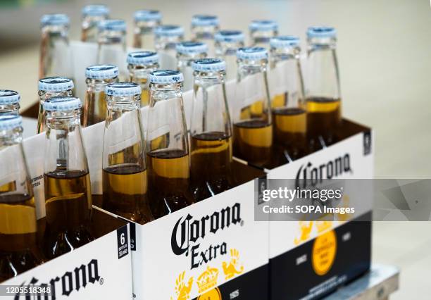 Bottles of Corona Extra beer are on a shelf in a store.