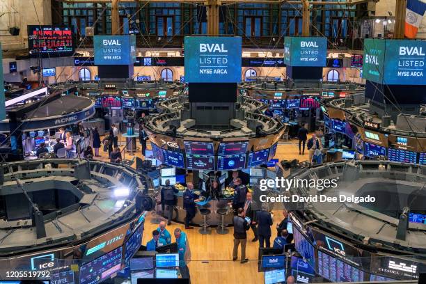 Traders work the floor of the New York Stock Exchange on March 6, 2020 in New York City. Stocks fell for a second day as investors seek refuge in...