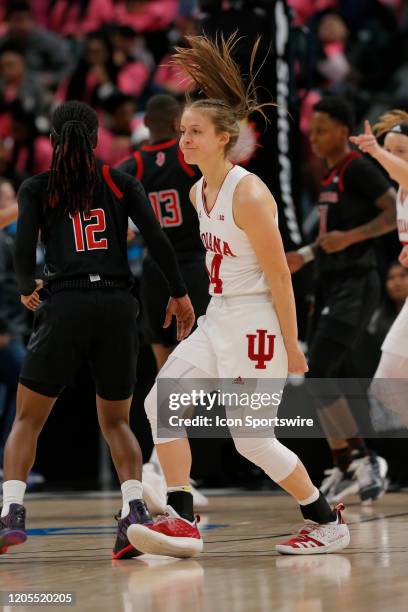 Indiana Hoosiers guard Ali Patberg reacts after connecting for a three pointer during the womens Big 10 Tournament game between the Rutgers Scarlet...