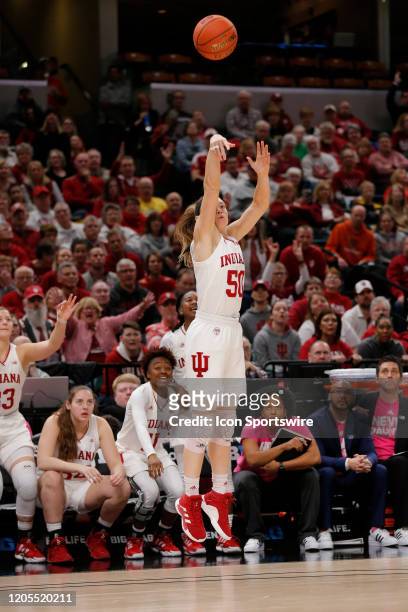 Indiana Hoosiers forward Brenna Wise fires up the three pointer during the womens Big 10 Tournament game between the Rutgers Scarlet Knights and the...