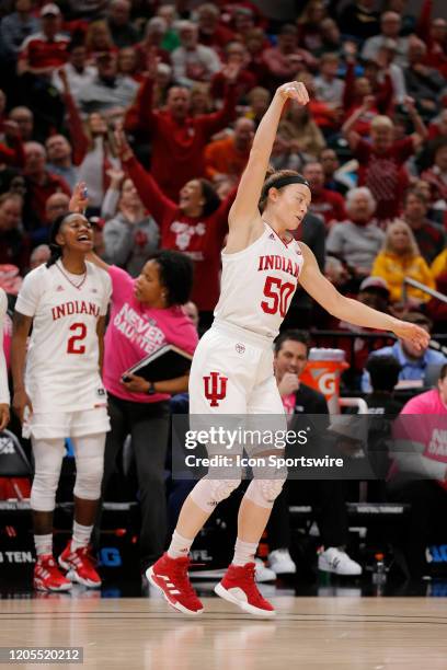 Indiana Hoosiers forward Brenna Wise celebrates her three pointer during the womens Big 10 Tournament game between the Rutgers Scarlet Knights and...