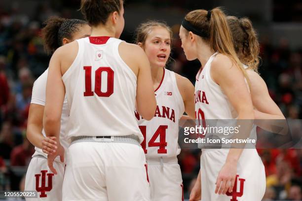 Indiana Hoosiers guard Ali Patberg speaks to her team during a break in the action during the womens Big 10 Tournament game between the Rutgers...