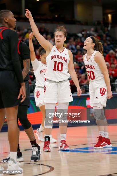 Indiana Hoosiers forward Aleksa Gulbe celebrates her and one after being fouled during the womens Big 10 Tournament game between the Rutgers Scarlet...