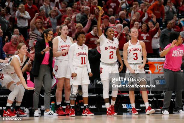 The Indiana Hoosier bench reacts during the womens Big 10 Tournament game between the Rutgers Scarlet Knights and the Indiana Hoosiers on March 06,...
