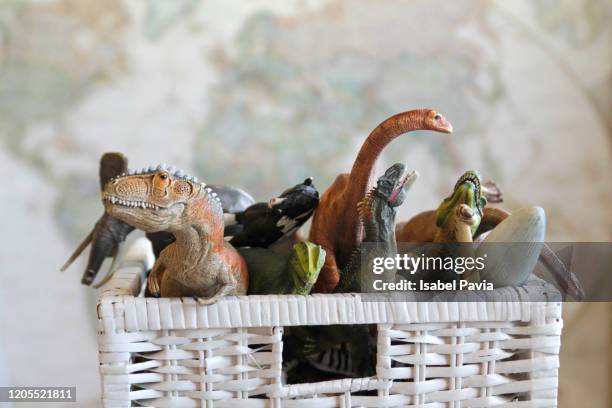 animal toys in toy box - dinosaur isolated stock pictures, royalty-free photos & images