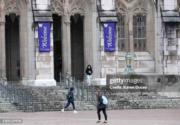 Students at the University of Washington are on campus for the last day of in-person classes on March 6, 2020 in Seattle, Washington. The University...