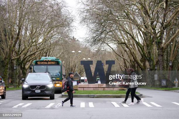 Students at the University of Washington are on campus for the last day of in-person classes on March 6, 2020 in Seattle, Washington. The University...