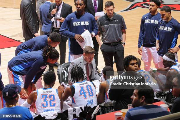 Head coach Grant Gibbs of the Oklahoma City Blue speaks to his tem during an NBA G-League game on March 6, 2020 at the Bert Ogden Arena in Edinburg,...