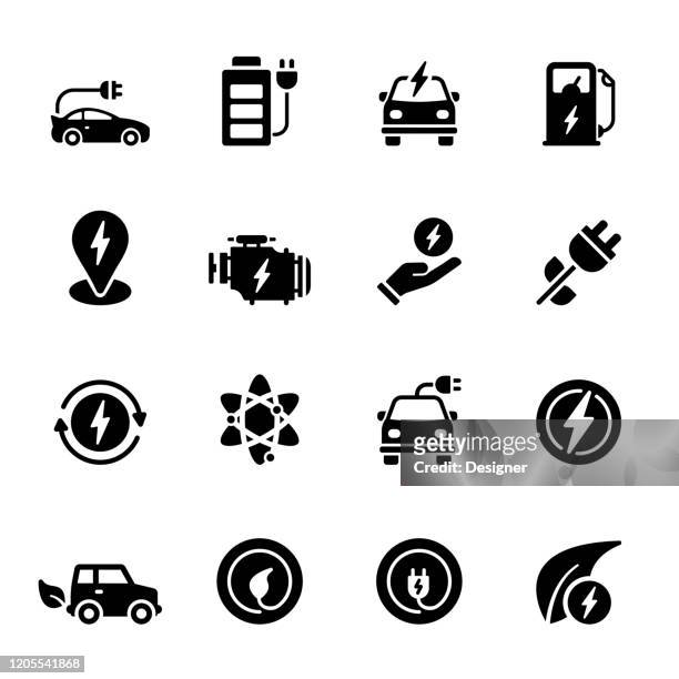 ilustraciones, imágenes clip art, dibujos animados e iconos de stock de conjunto simple de iconos vectoriales relacionados con coches eléctricos. colección de símbolos - vehículo híbrido