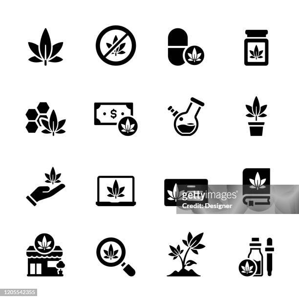 ilustrações, clipart, desenhos animados e ícones de conjunto simples de ícones vetoris relacionados à cannabis. coleção de símbolos - herbal medicine