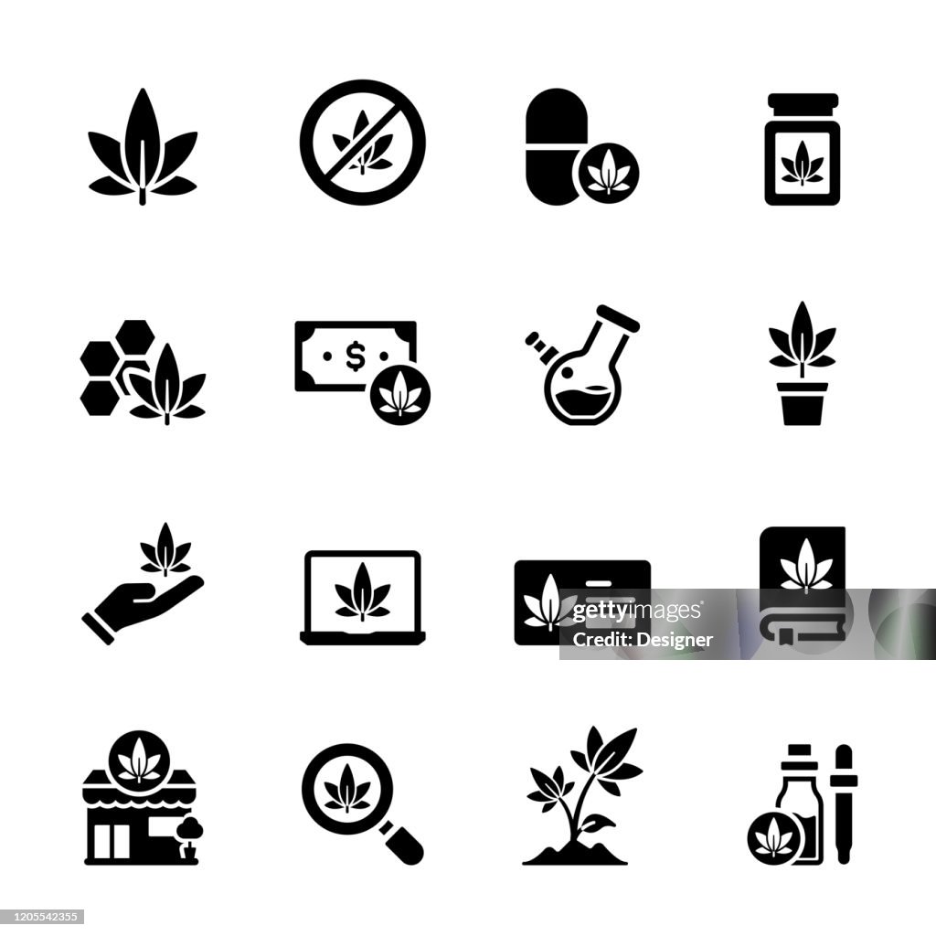 Enkel uppsättning cannabis relaterade vektor ikoner. Symbolsamling