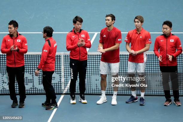 Kei Nishikori , Ben McLachlan and Yosuke Watanuki of Japan are seen after the team's 0-3 defeat against Ecuador on day two of the Davis Cup qualifier...