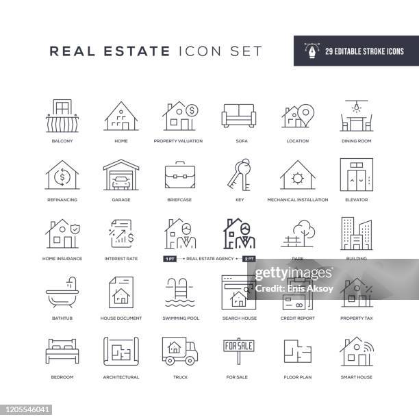 stockillustraties, clipart, cartoons en iconen met pictogrammen voor bewerkbare lijnen voor onroerend goed - huizenmarkt