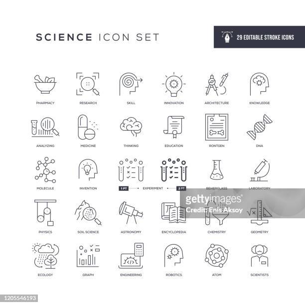 illustrazioni stock, clip art, cartoni animati e icone di tendenza di icone della linea del tratto modificabile scienza - ricerca