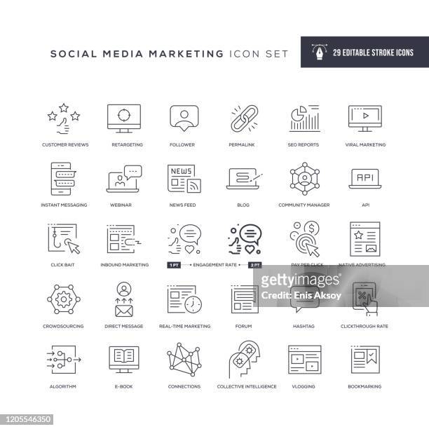 illustrazioni stock, clip art, cartoni animati e icone di tendenza di icone modificabili della linea di tratti di social media marketing - mass media