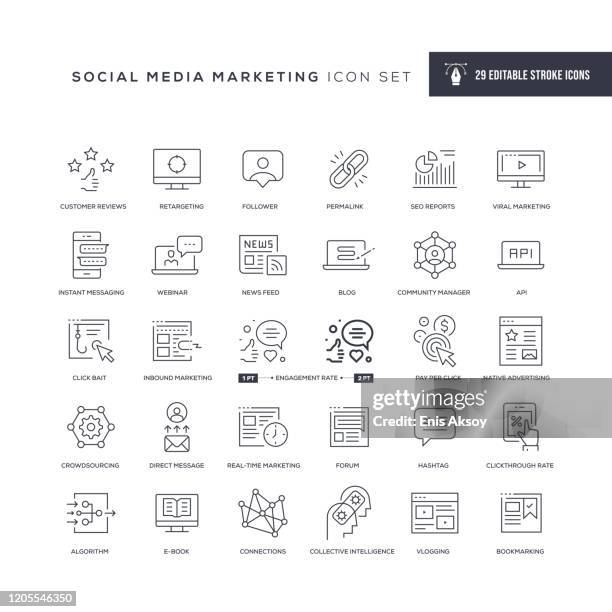 stockillustraties, clipart, cartoons en iconen met pictogrammen voor social media marketing,-regelpictogrammen - volgen activiteit