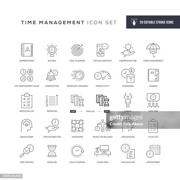 illustrazioni stock, clip art, cartoni animati e icone di tendenza di icone della linea del tratto modificabile di gestione tempo - planning agenda