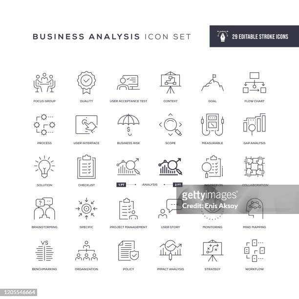 ilustraciones, imágenes clip art, dibujos animados e iconos de stock de análisis de negocios iconos de línea de trazo editables - analizzare