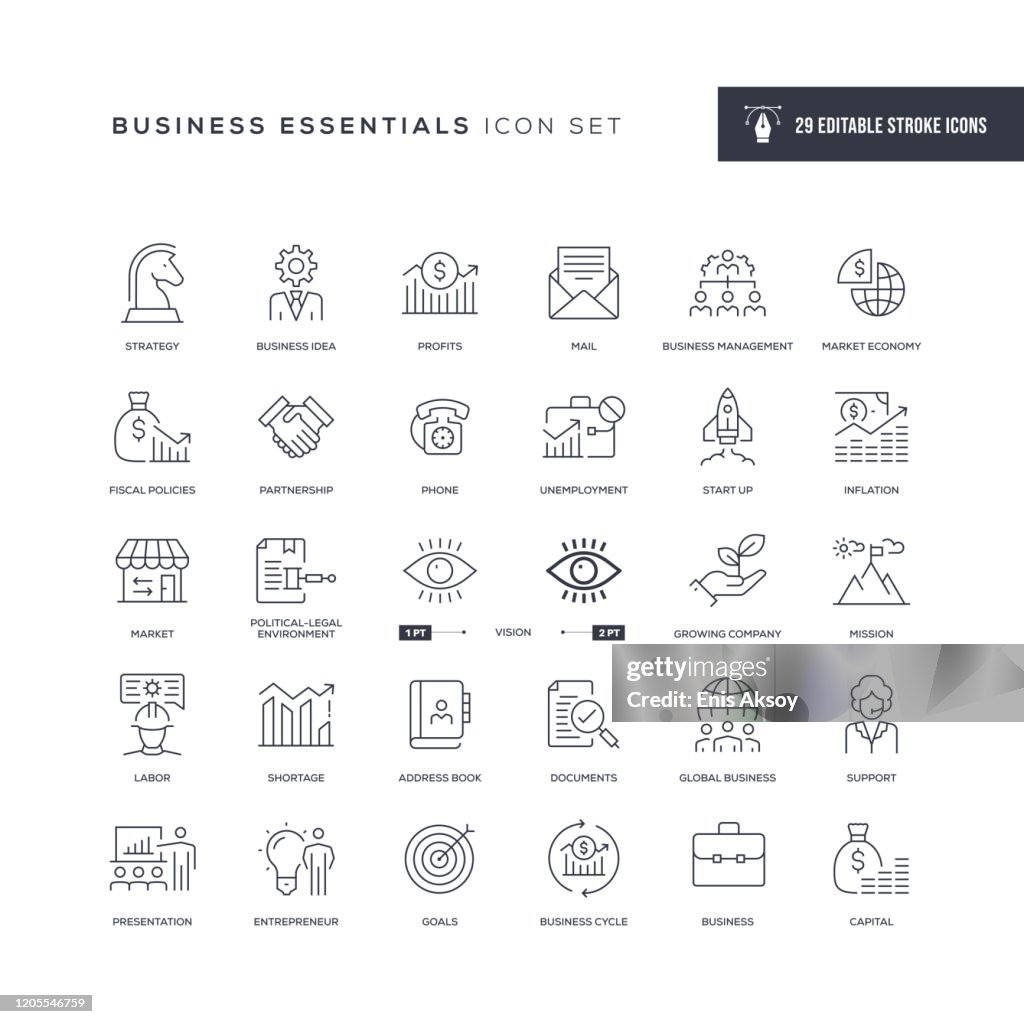Iconos de línea de trazoeditables de Business Essentials