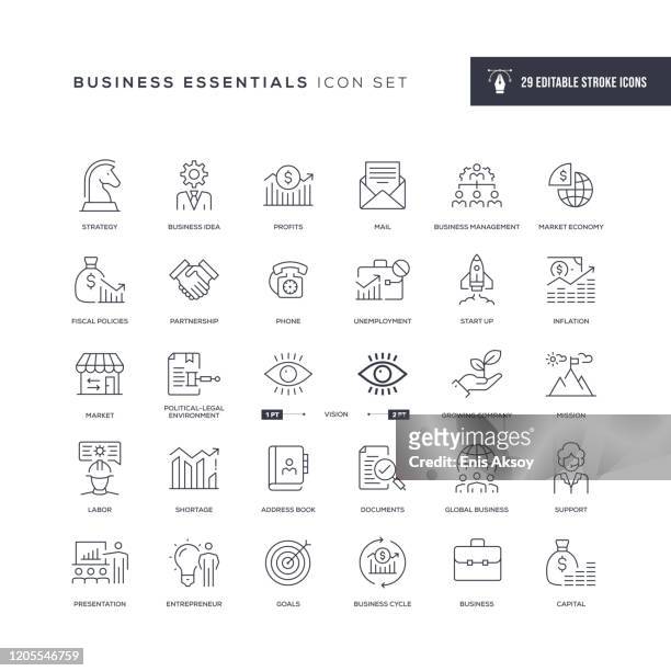 illustrazioni stock, clip art, cartoni animati e icone di tendenza di icone della linea di tratti modificabili di business essentials - quotazione di borsa