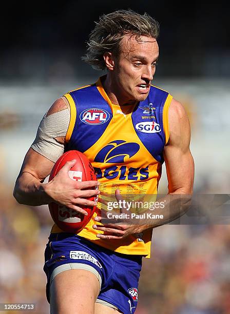 Mark Nicoski of the Eagles marks the ball during the round 20 AFL match between the West Coast Eagles and the Richmond Tigers at Patersons Stadium on...