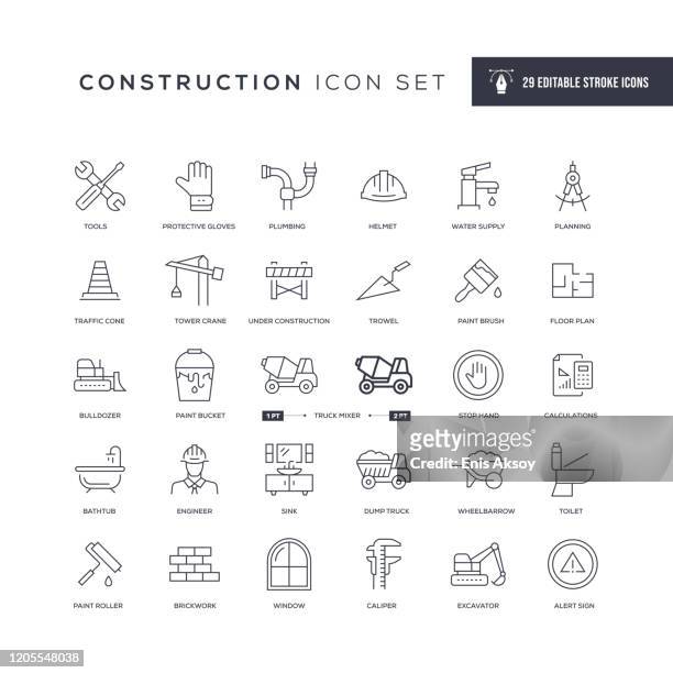 illustrazioni stock, clip art, cartoni animati e icone di tendenza di icone della linea del tratto modificabile per la costruzione - struttura edile