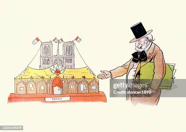 französische karikatur des architekten zeigt modell von notre dame - architekturmodell stock-grafiken, -clipart, -cartoons und -symbole