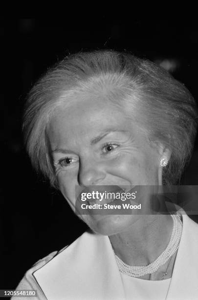 British royal Katharine, Duchess of Kent, smiling while wearing a multi-strand pearl necklace, United Kingdom, 16th May 1985.