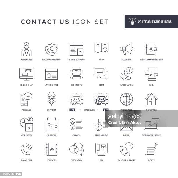 illustrazioni stock, clip art, cartoni animati e icone di tendenza di icone della linea del tratto modificabile contattaci - mezzo d'informazione