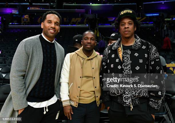 Maverick Carter, Rich Paul and Jay-Z attend Los Angeles Lakers and Milwaukee Bucks basketball game at Staples Center on March 6, 2020 in Los Angeles,...