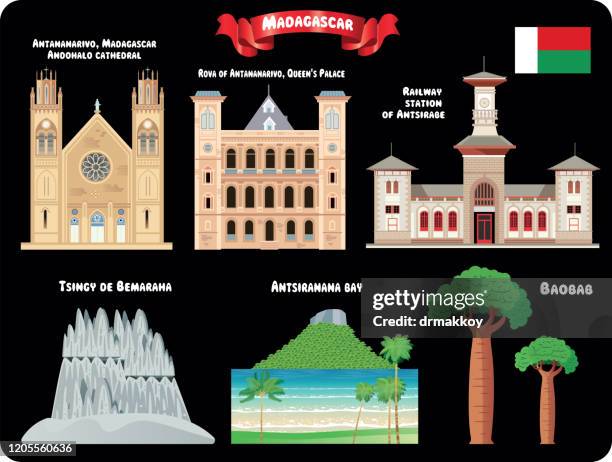 madagascar symbols, railway station of antsirabe, antsirabe, queen's palace, tsingy de bemaraha - antananarivo stock illustrations