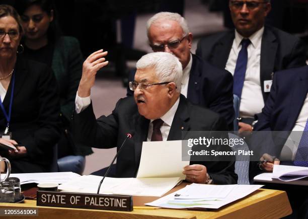 Palestinian President Mahmoud Abbas speaks at the United Nations Security Council on February 11, 2020 in New York City. Abbas used the world body to...