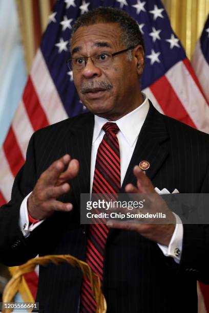 Rep. Emanuel Cleaver makes brief remarks after he and Speaker of the House Nancy Pelosi settled their friendly wager on the Super Bowl in the...