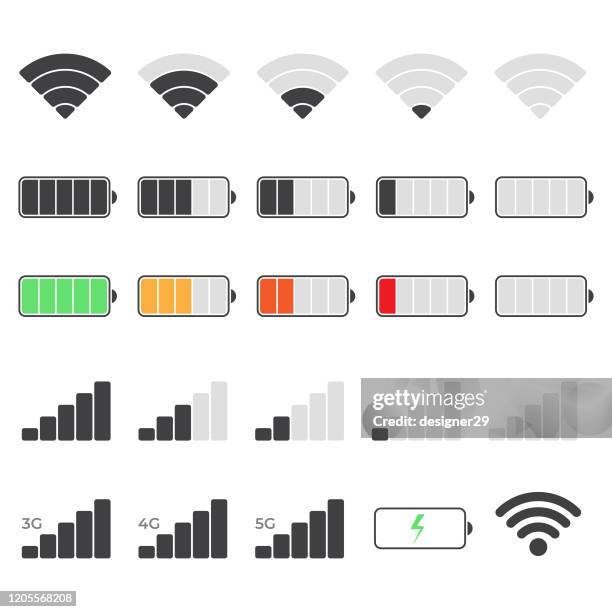 illustrazioni stock, clip art, cartoni animati e icone di tendenza di set di icone del sistema di telefonia mobile. potenza del segnale, design del vettore di carica della batteria. - basso posizione descrittiva