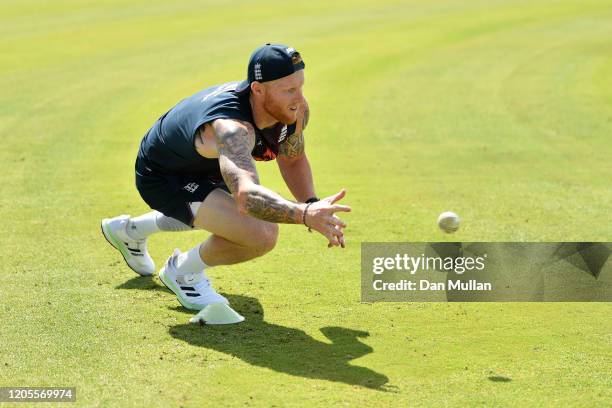 Ben Stokes of England dives to make a catch during a training session ahead of the first T20 International between South and England at Buffalo Park...